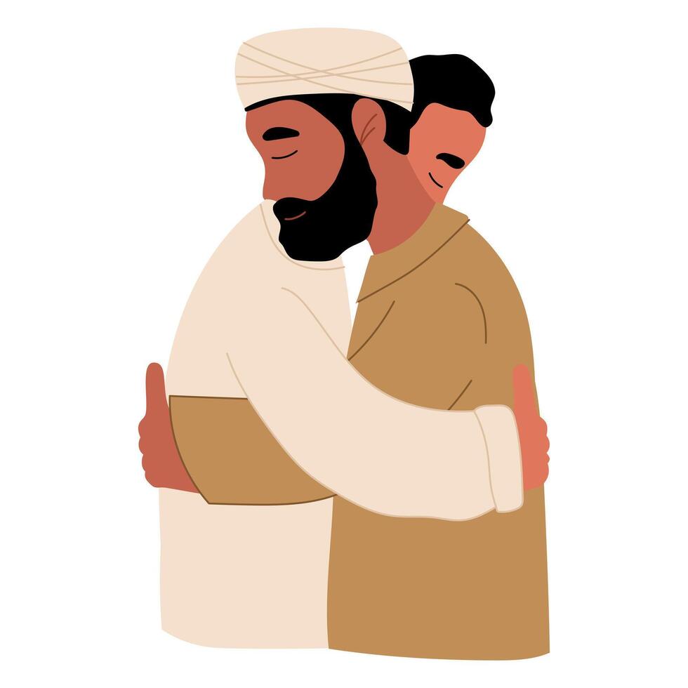 Muslim men hugging. Eid al Fitr Mubarak celebration. Traditional Muslim holiday vector