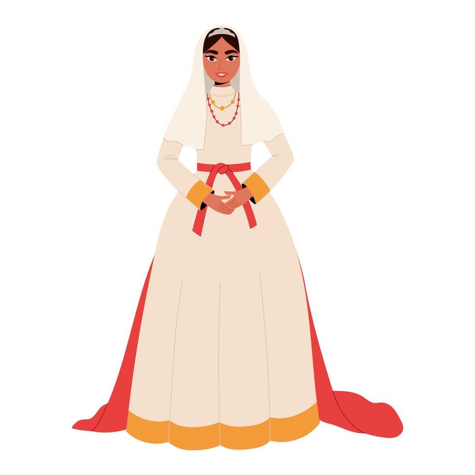 Muslim Turkish Bride in white dress. Arabic culture tradition. Traditional turkish wedding vector