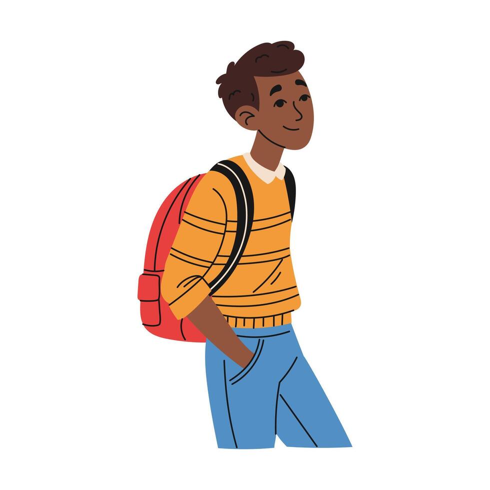 Happy guy with a backpack going to high school for classes. Education concept. Hand drawn style vector