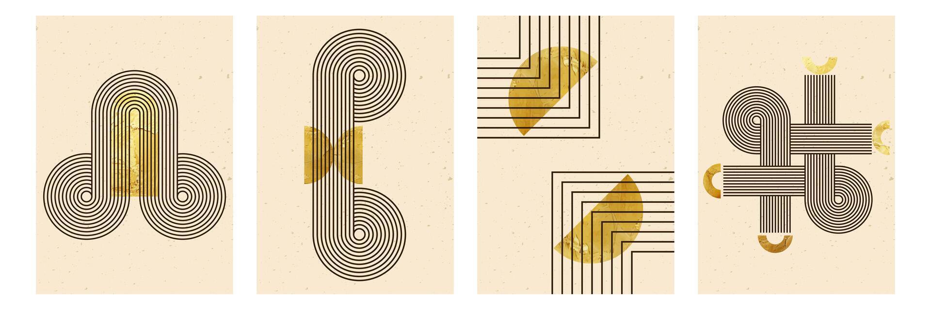 Set of abstract posters with geometric shapes and stripe pattern. background with golden texture in trendy boho aesthetic. vector