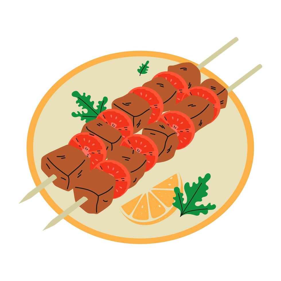 Grilled shish tawook kebab on skewers. Traditional Middle Eastern food. Hand drawn illustration. vector