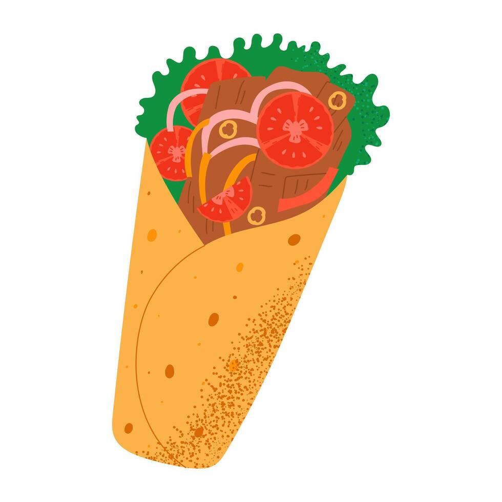 Doner kebab. Turkish and Arabic fast food with lettuce, chicken, tomato, onion, pepper. Hand drawn illustration. vector
