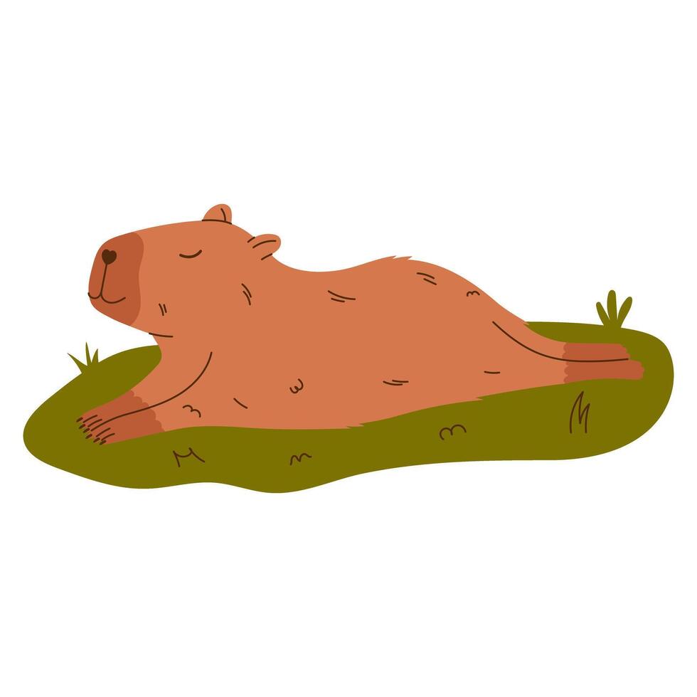 Cute capybara character. Funny rodent resting on grass. Hand drawn illustration. vector