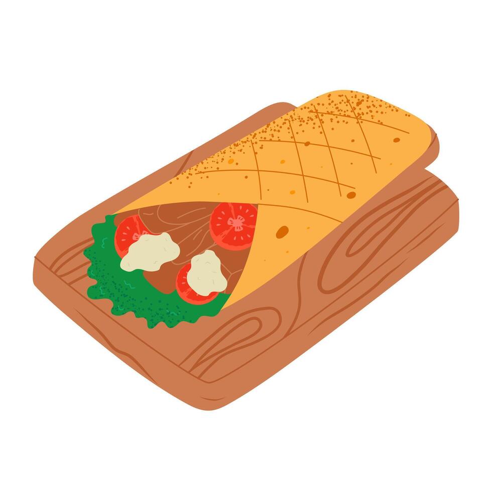 Shawarma wrap. Turkish and Arabic takeaway fast food. Hand drawn illustration. vector