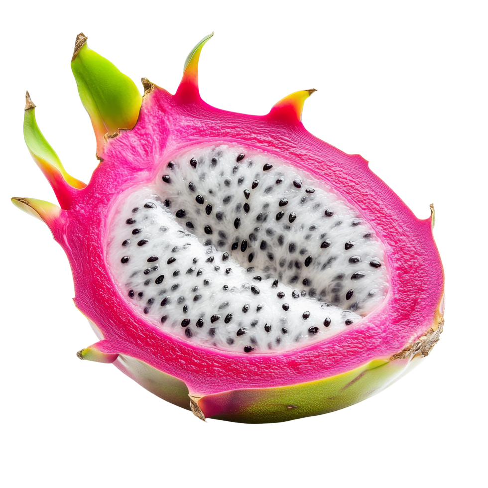 Half dragon fruit pitaya cut open on a transparent background highlighting its vibrant colors and unique texture, Half dragon fruit, pitaya isolated on transparent background png