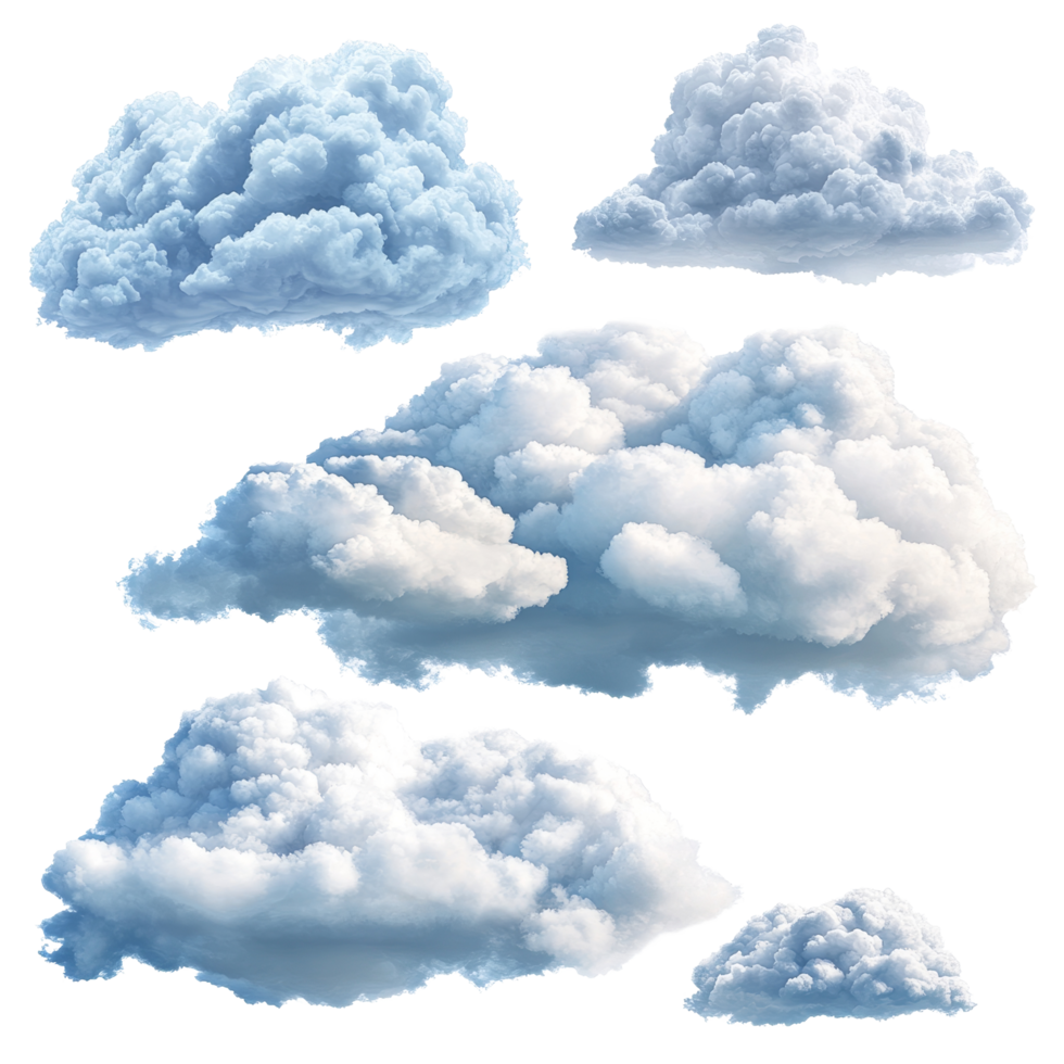Fluffy cumulus clouds in various shapes and sizes isolated against a clean transparent background, transparent clouds isolated on transparent background png