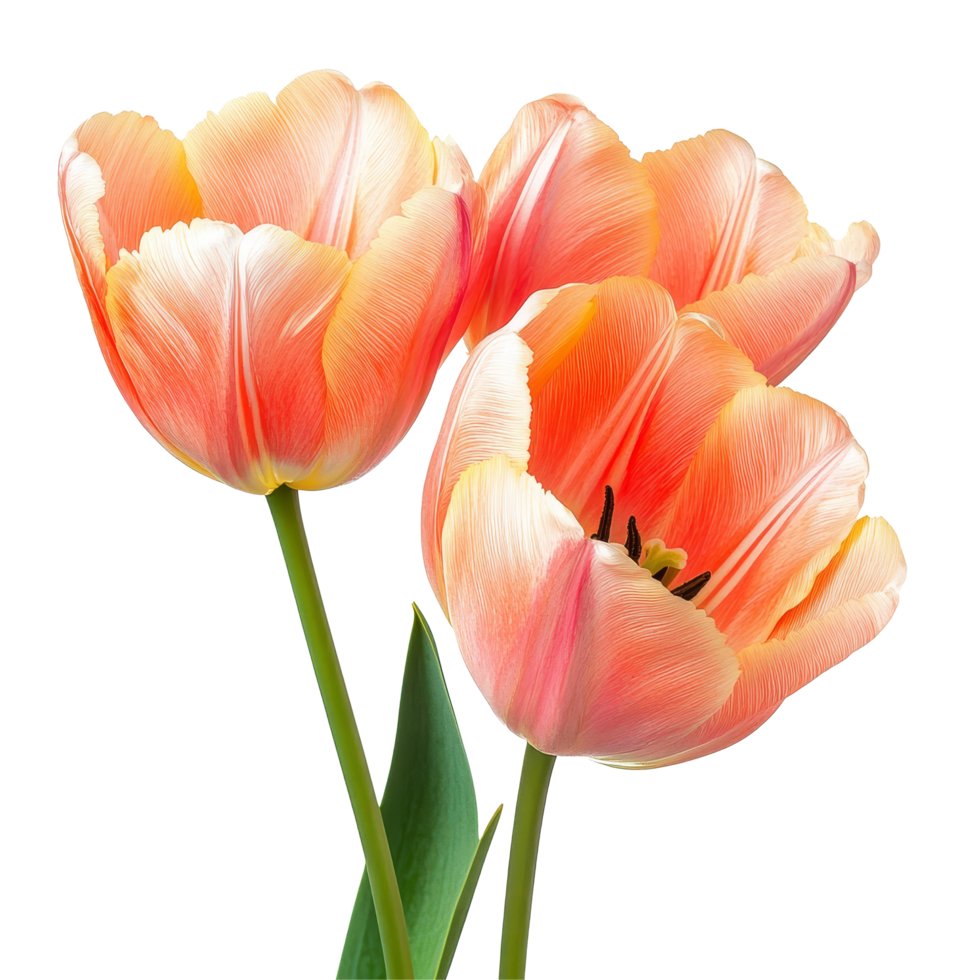 Three blooming tulip flowers in soft pink shades against a clean transparent background in early spring, Tulip flowers transparent background. Tulip flowers transparent background png