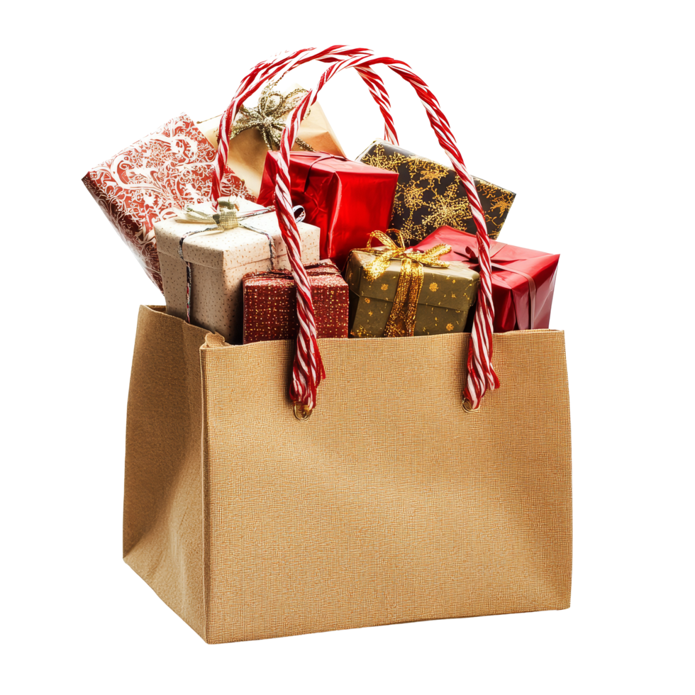 A colorful shopping bag filled with gifts sits isolated against a transparent background, ready for special occasions, Shopping bag full of gifts isolated on with background png