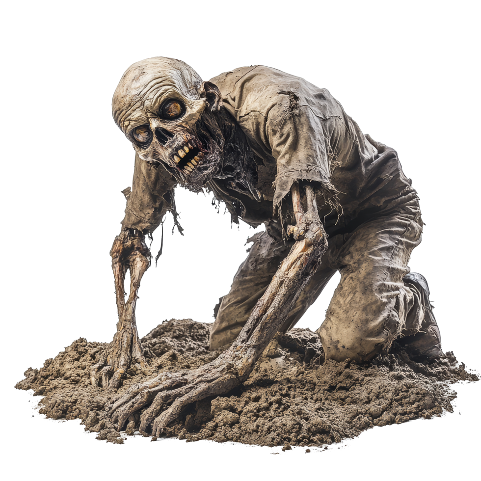 Zombie crawling from a dirt grave on a transparent background during a spooky scene of resurrection, Zombie Crawling from Dirt Grave on transparent background png