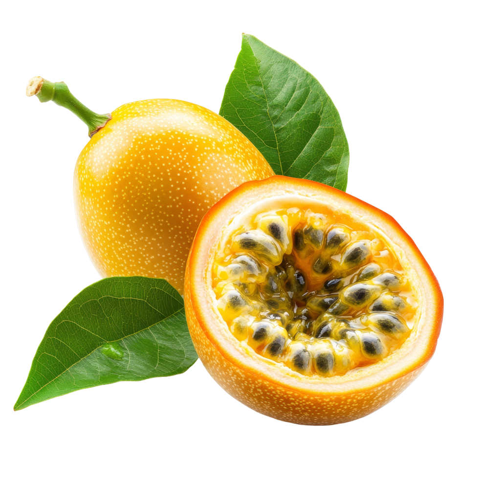 Fresh yellow passion fruit with leaves isolated on a transparent background showcasing its vibrant color and texture, Yellow passion fruit with leaves isolated on transparent background png