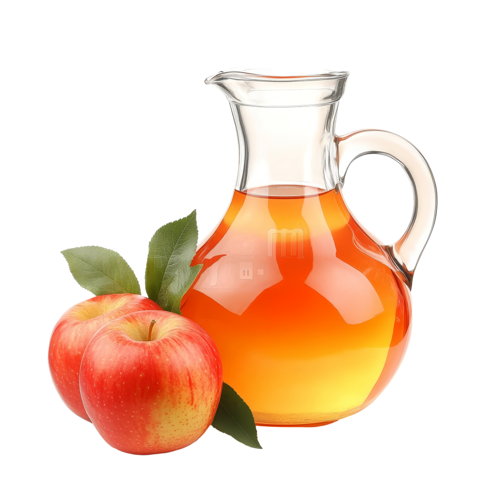 Fresh apples beside a jug of homemade apple cider vinegar on a bright surface, A jug of apple cider vinegar with fresh red apples isolated png