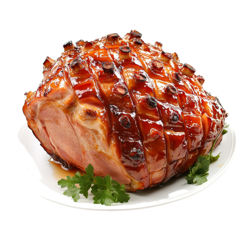 Delicious honey glazed ham served on a transparent platter with fresh herbs for a festive dining experience, Tasty food honey glazed ham on a transparent background png