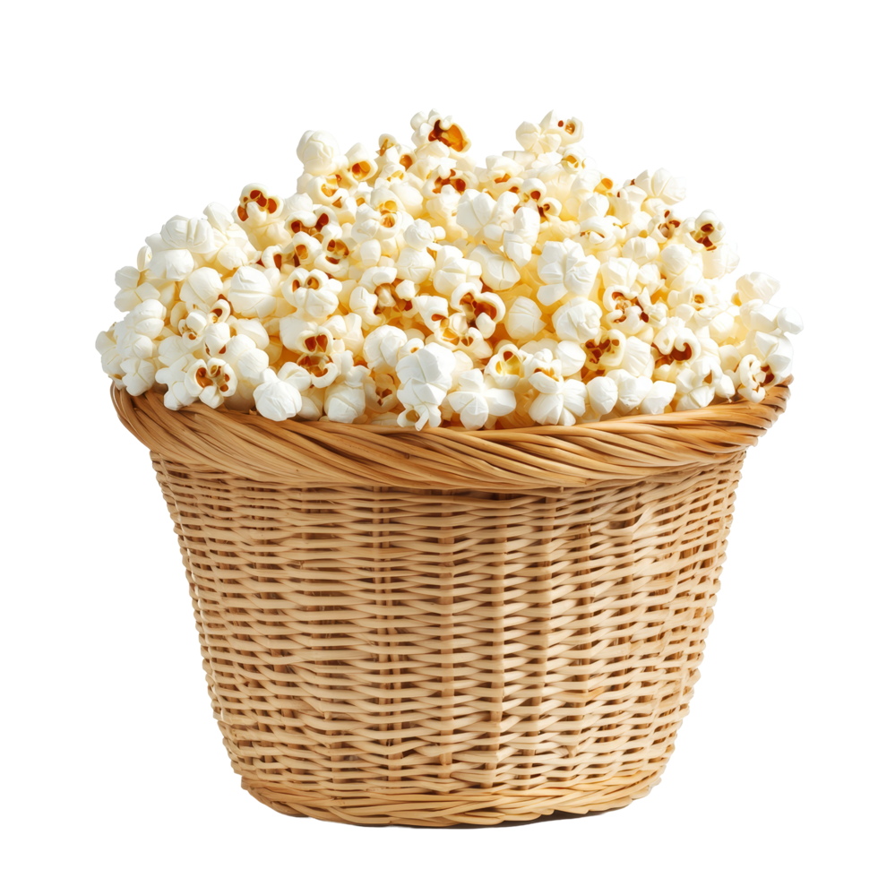 A basket filled with fluffy popcorn on a clean transparent background ready for snacking or movie time enjoyment, Popcorn in basket isolated on transparent background png