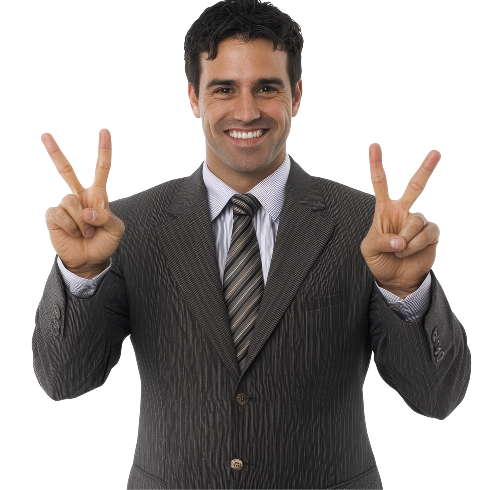 A confident businessman wearing a formal suit is smiling broadly while displaying peace signs with both hands, file no background Successful businessman making V signs png