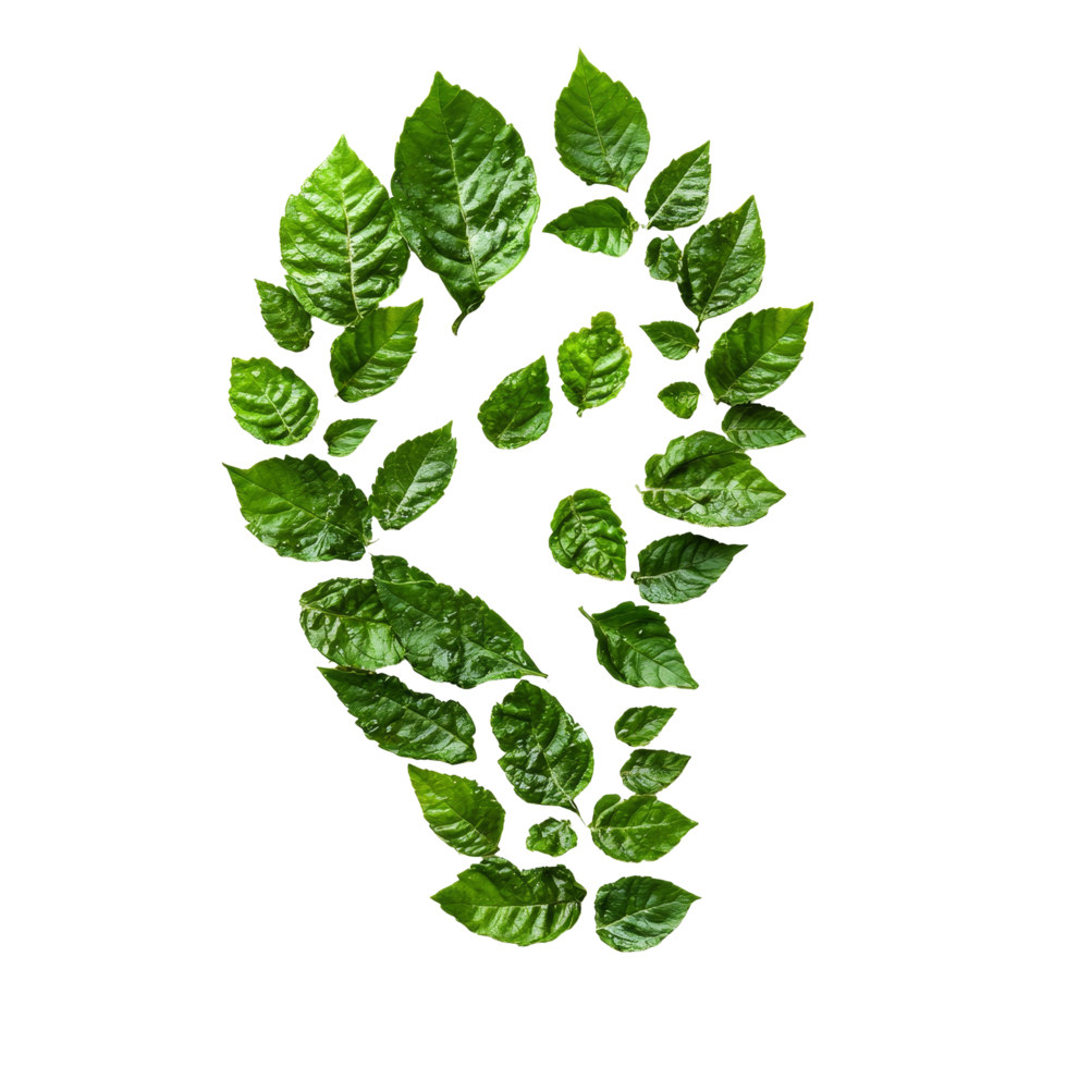 Unique footprint made of green leaves displayed against a transparent background emphasizing nature and ecofriendliness, Footprint Made of Green Leaves Isolated on transparent background png