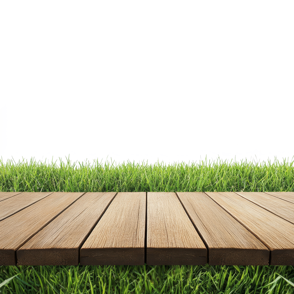 Wooden floor and lush grass create a serene setting ideal for relaxation and outdoor fun, wooden floor with grass background,isolated transparent background png