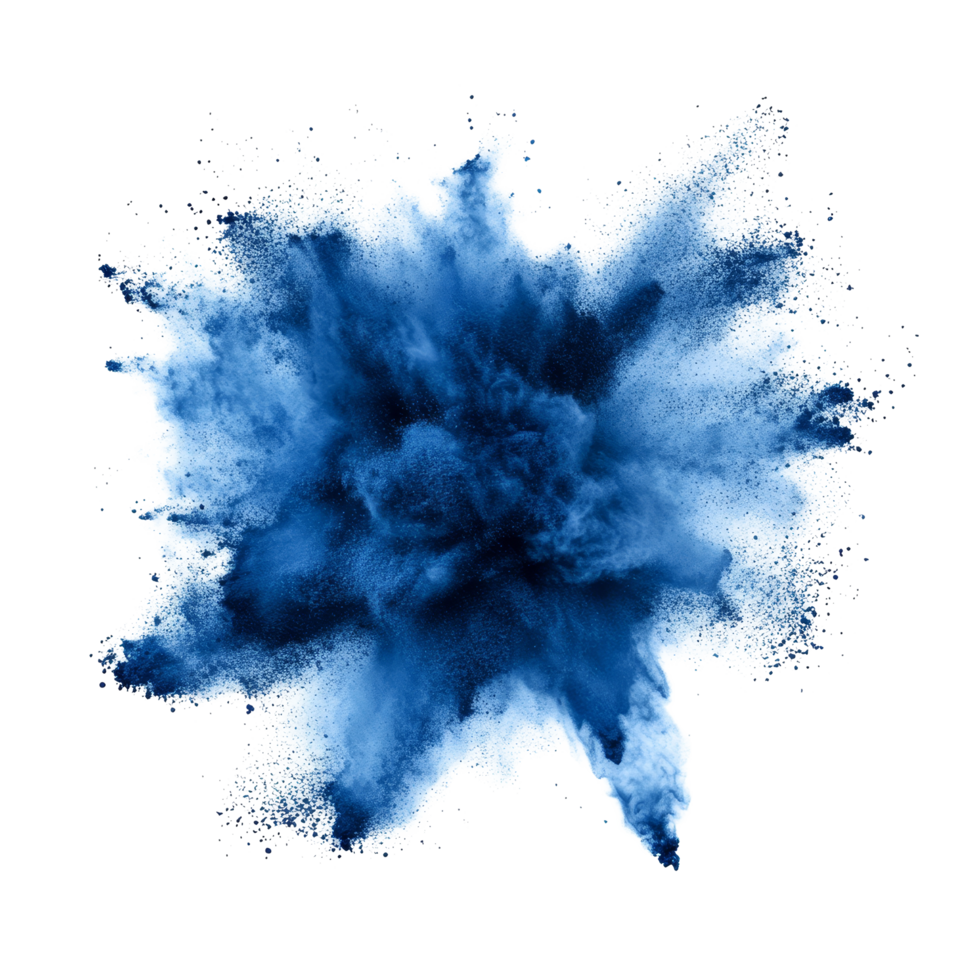 Navy blue powder explosion isolated on a transparent background creating an artistic cloud effect, navy blue color powder pulver explosion isolated on transparent background png