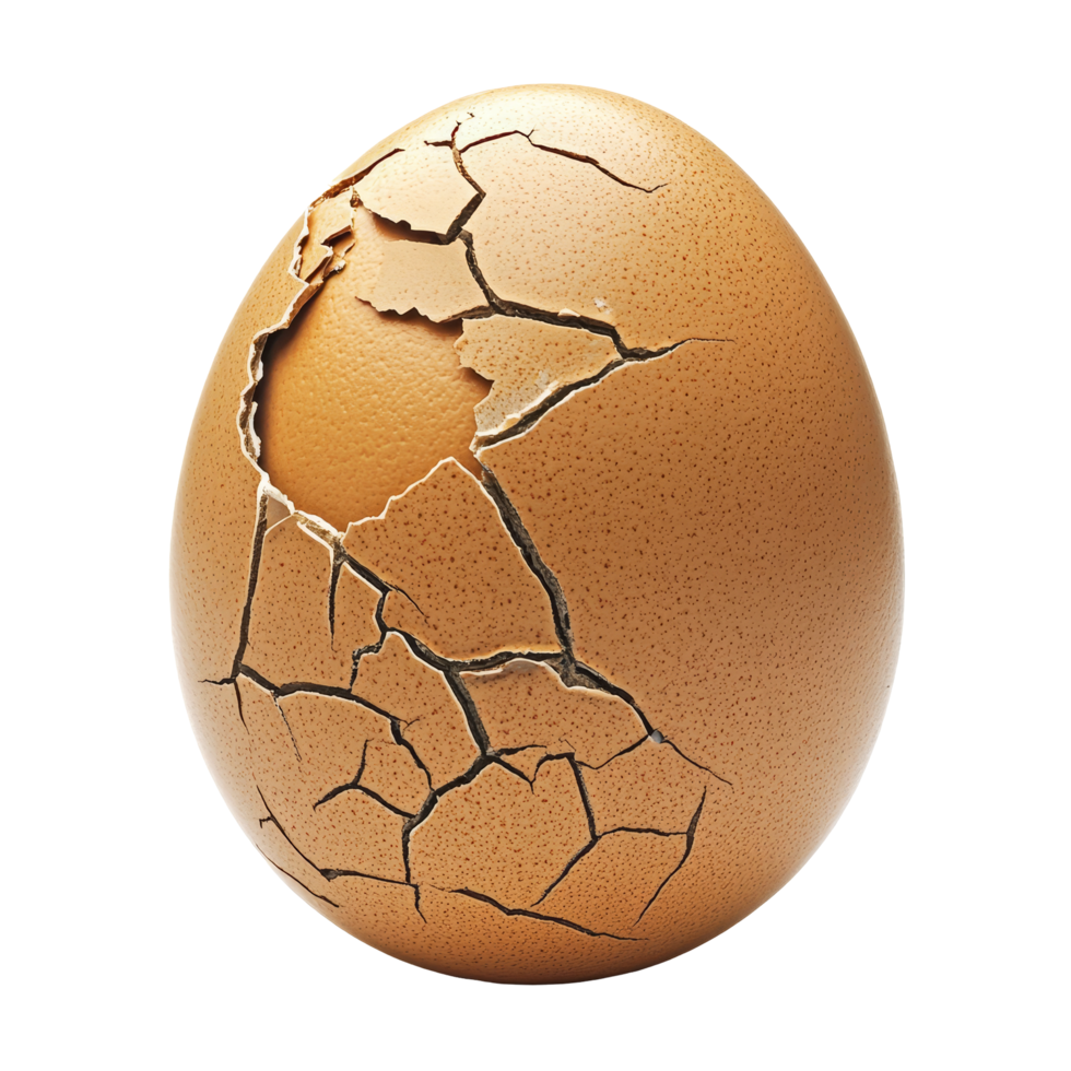Cracked brown egg isolated on a transparent background showcasing intricate details during a still moment, Cracked egg isolated png