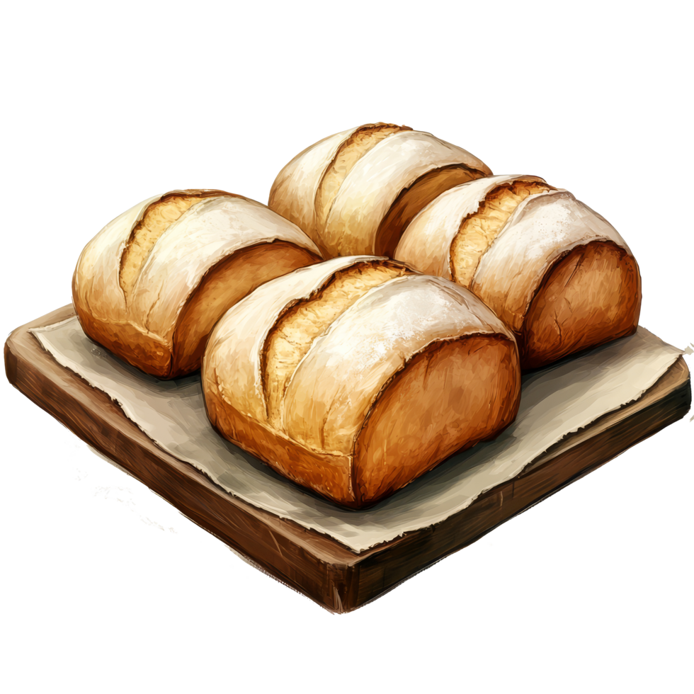 Three freshly baked loaves of transparent bread arranged on a wooden cutting board in a warm kitchen setting, three loafs of transparent bread on a board png