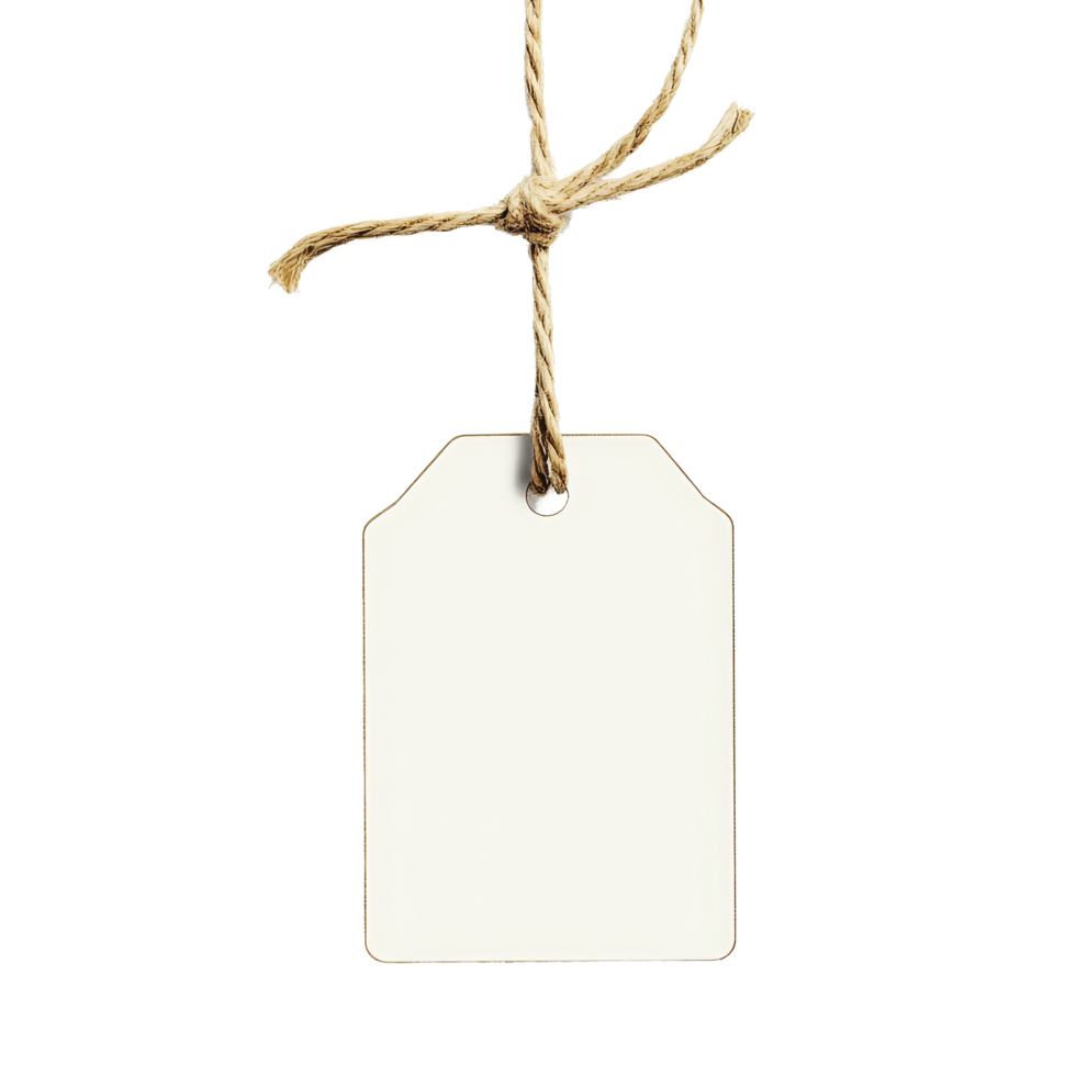 Blank name tag hanging from a string against a clean transparent background in a minimalistic setting, Blank Name Tag Hanging on String Isolated on transparent background png
