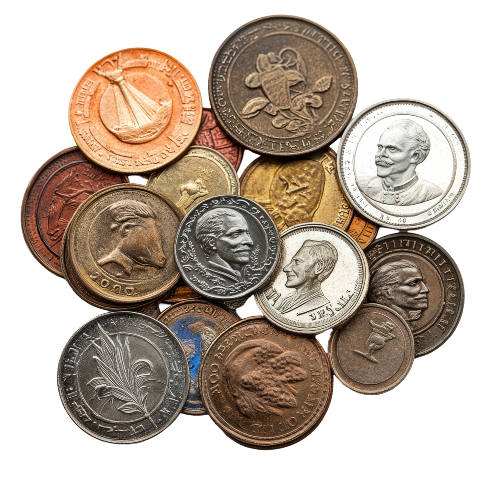 A collection of various Thai coins arranged on a transparent background, showcasing unique designs and historical figures, Thai coins isolated on transparent backgroundfile png