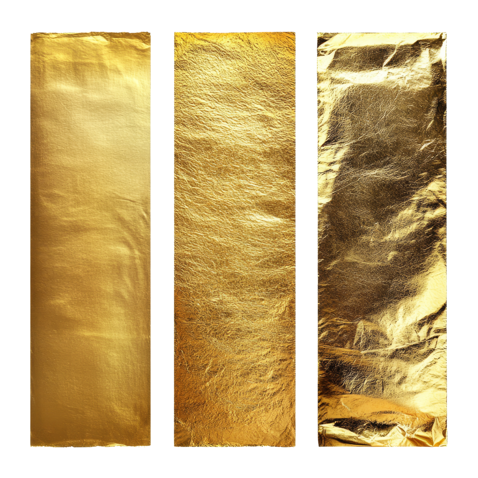 Three isolated gold foil textures on a transparent background perfect for design projects or craft applications, Three gold foil textures are isolated on a transparent background. Golden foil png