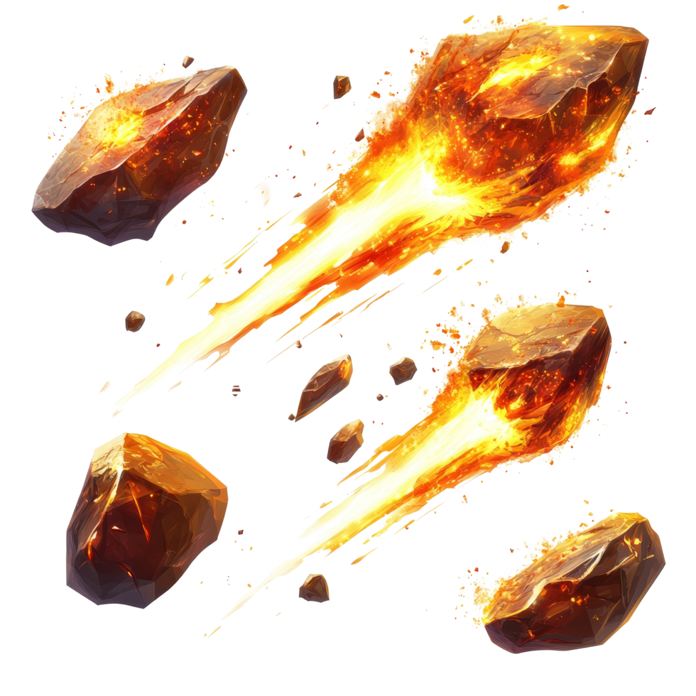 Fiery meteors racing through space, igniting trails of flames and burning rocks in a cosmic display of energy, Set Fiery Meteors, Burning Space Rocks with Flames, Isolated on transparent background png