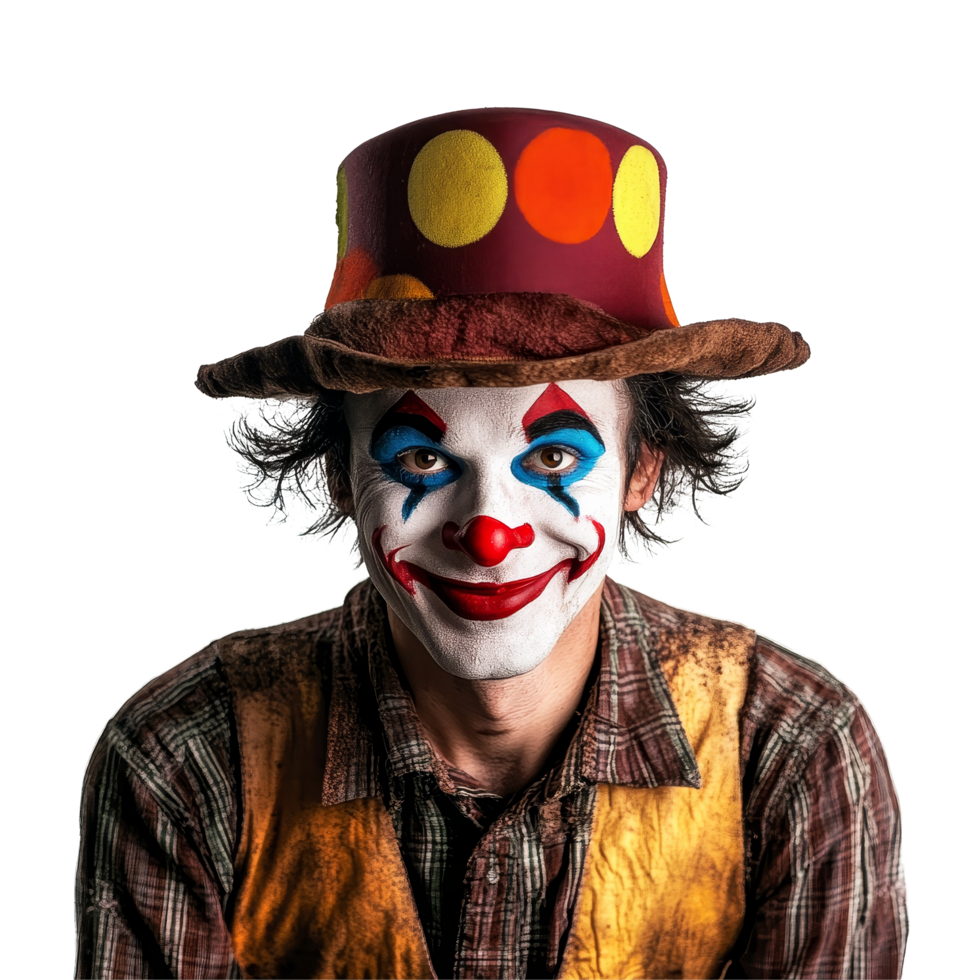 A clown with a colorful hat and cheerful makeup poses against a transparent background, showcasing a playful and whimsical character, Clown wearing a hat on transparent background png