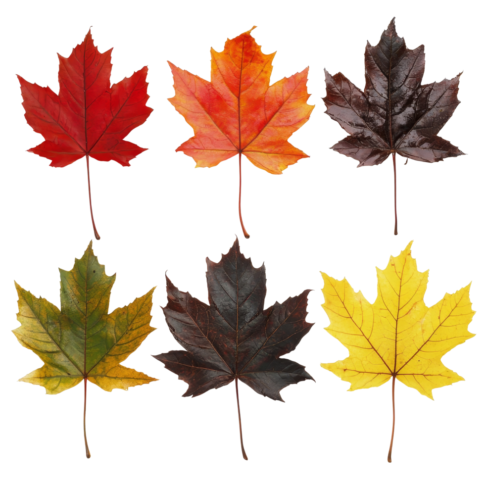 Various colored maple leaves arranged thoughtfully on a clean background showcasing autumn hues and natural beauty, multiple colored maple leaves isolated png
