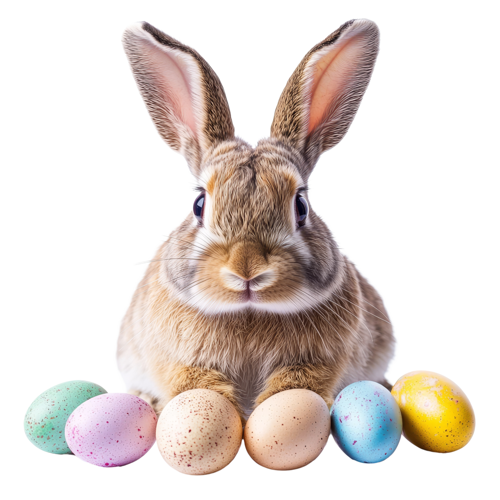 Funny bunny celebrating Easter with colorful eggs on a bright transparent background, funny bunny easter with eggs on transparent background png