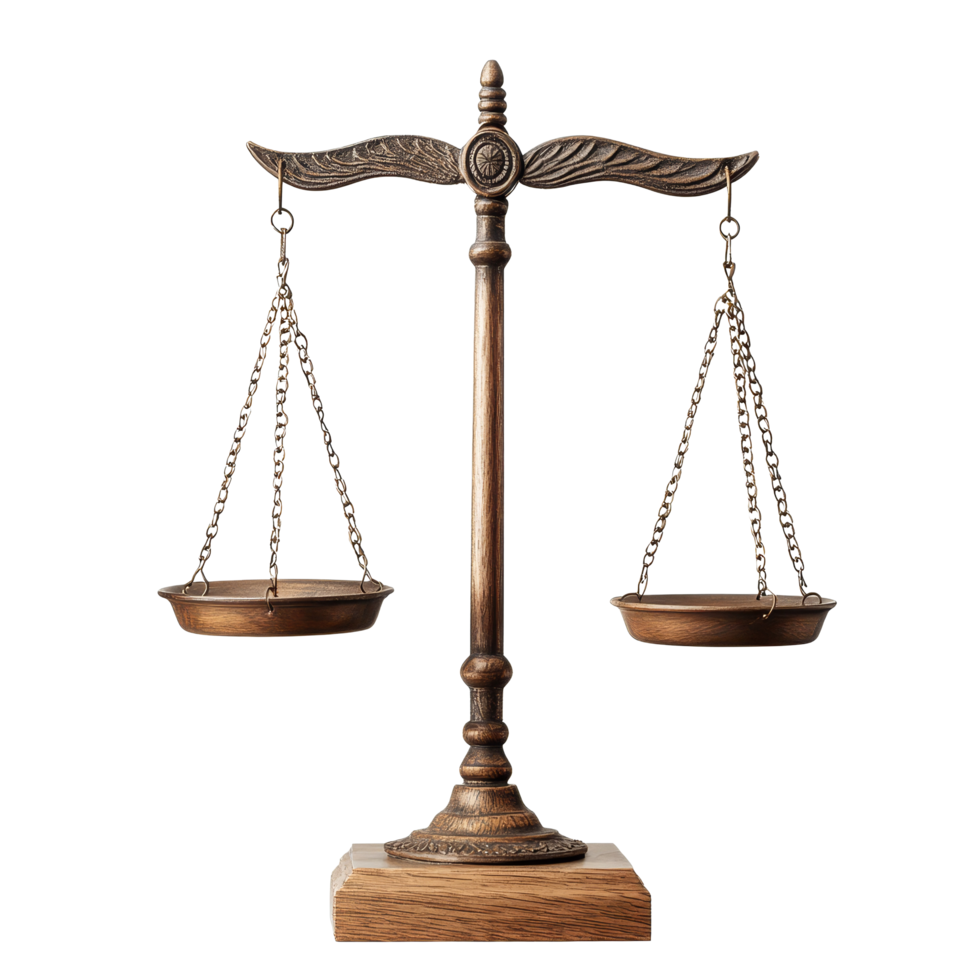 Judges balance scale isolated on a transparent background, symbolizing justice and legal fairness, judicial scaleisolated transparent background png