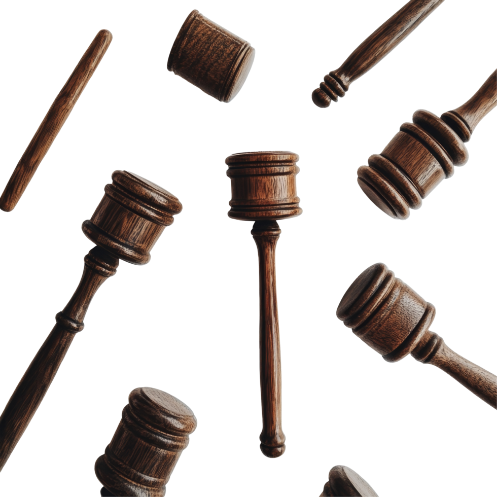 Multiple wooden justice gavels arranged on a transparent background illustrating the theme of law and order, Justice Gavels on transparent background png