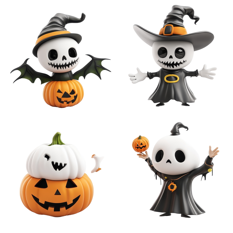 Cartoon Halloween characters with pumpkins showcasing spooky fun on a transparent background, 3D Halloween scary cartoon characters on transparent background png