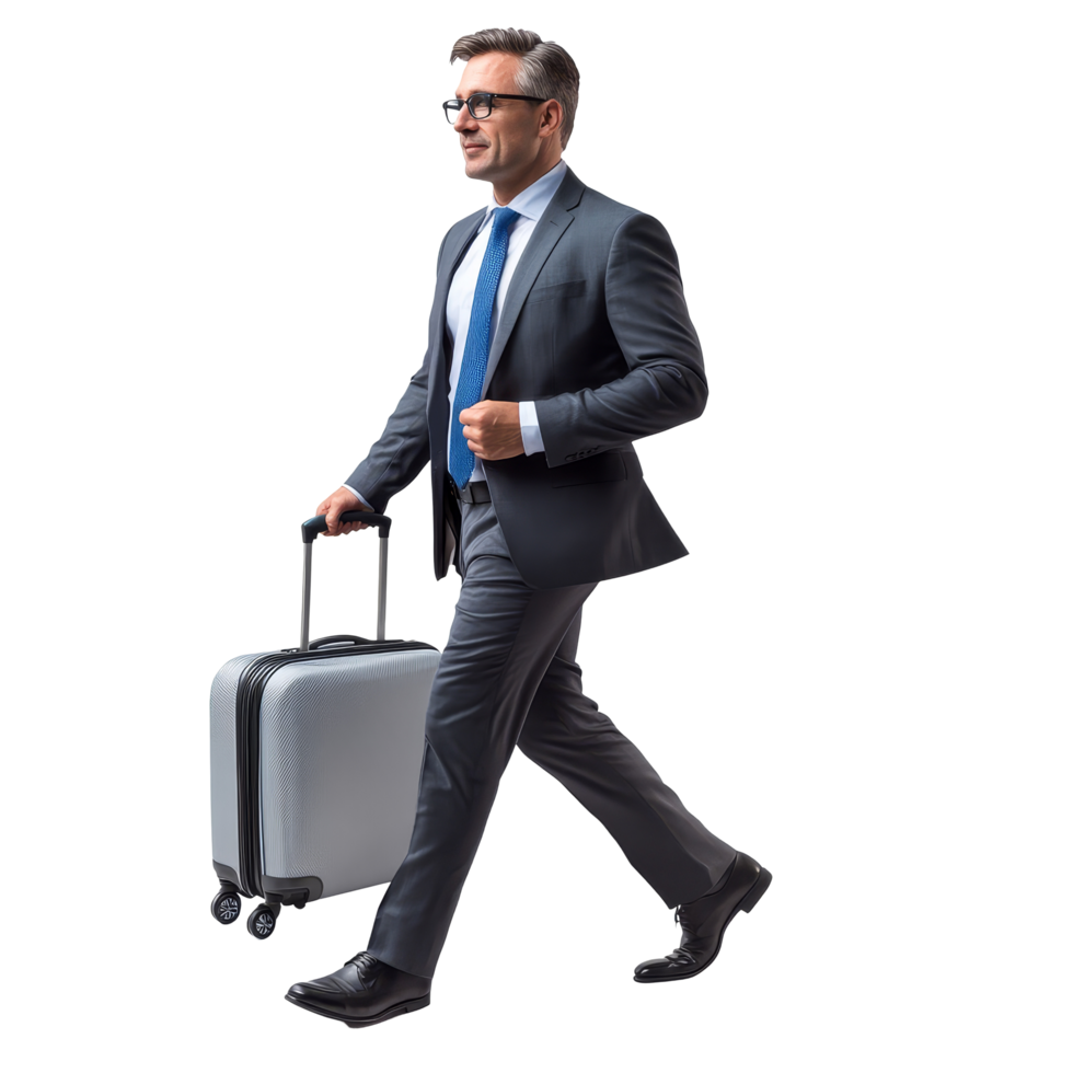 Businessman in a suit confidently travels with a rolling suitcase, ready for his next meeting or trip, file no background Businessman traveling with a trolley bag png