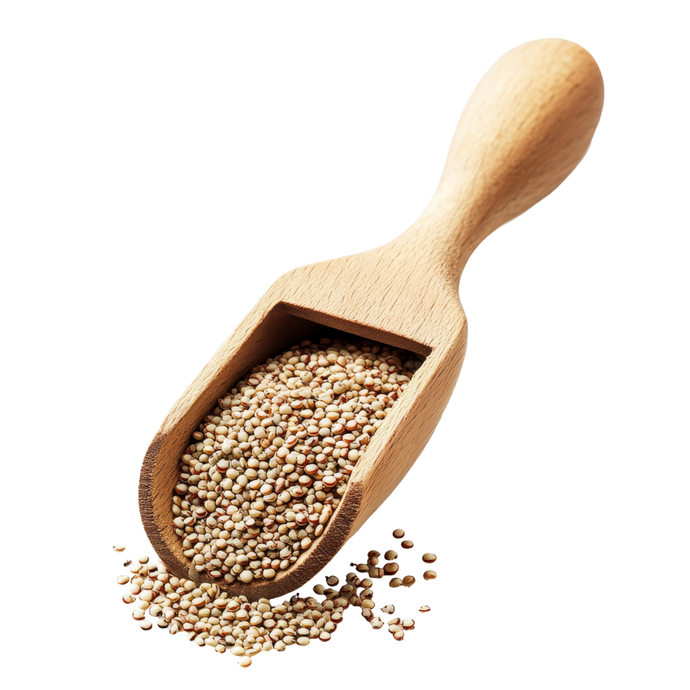 Quinoa seeds in a wooden scoop against a clean transparent background for culinary and health purposes, Quinoa seeds in wood scoop on transparent background png