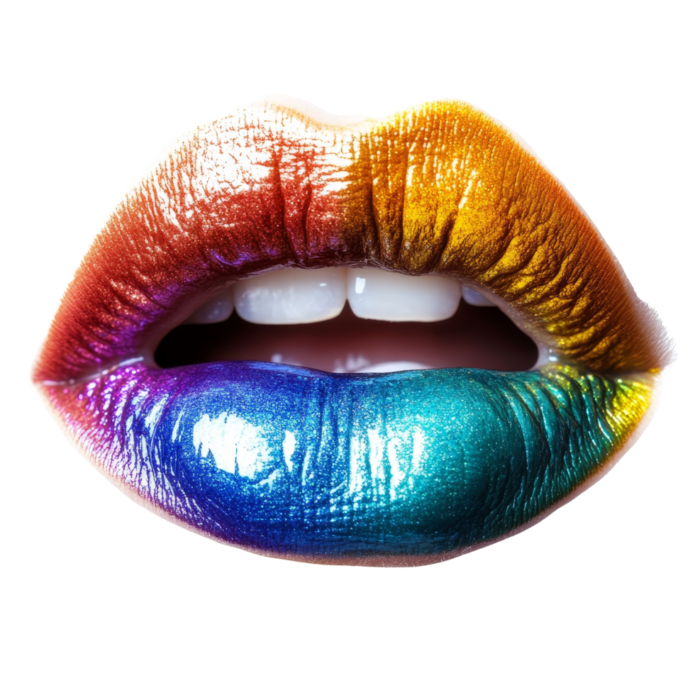 Glossy rainbow lips create a vibrant, artistic statement on a clean transparent background in a playful display of color, Glossy Rainbow Lips on transparent background png