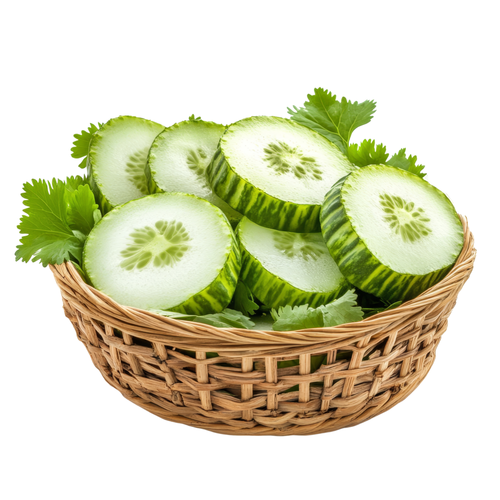 Freshly sliced culantro and cucumbers presented in a woven basket, ideal for healthy dishes and salads, Fresh culantro,Sawtooth Coriande slice in basket isolated on transparent background png