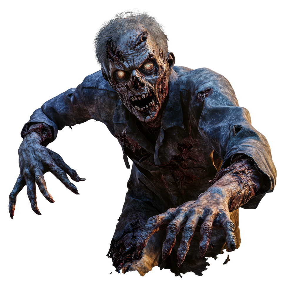 A male zombie reaching out with outstretched arms in a creepy pose against a transparent background at dusk, Male Zombie Reaching Out on Transparent Background, Scary Undead Creature png