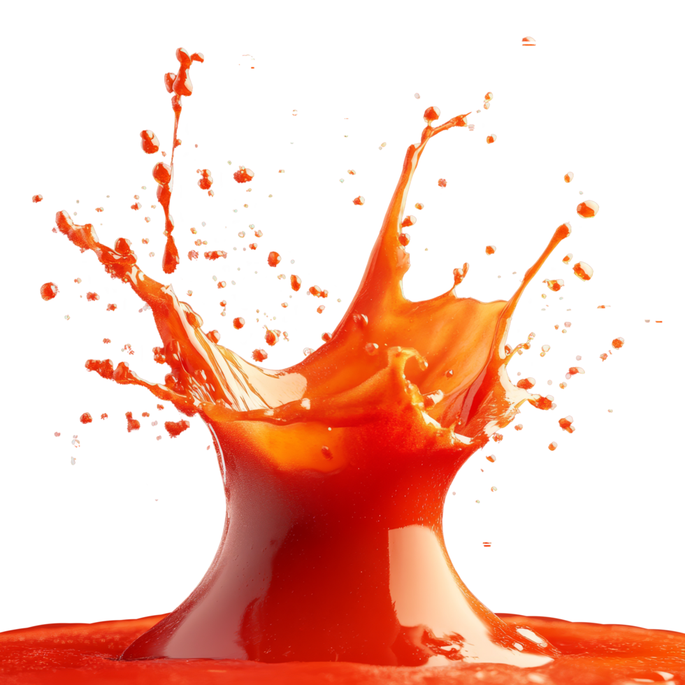 Dynamic splash of vibrant tomato sauce captured against a bold red background in a kitchen setting, tomato sauce splash png