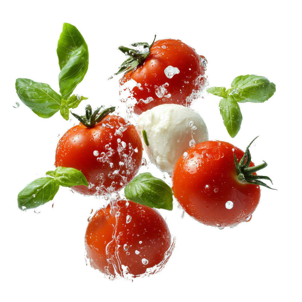Fresh tomatoes, basil, and mozzarella splashing into water for a vibrant culinary experience, tomatoesbasil and mozzarella falling with water splashes isolated on transparent png