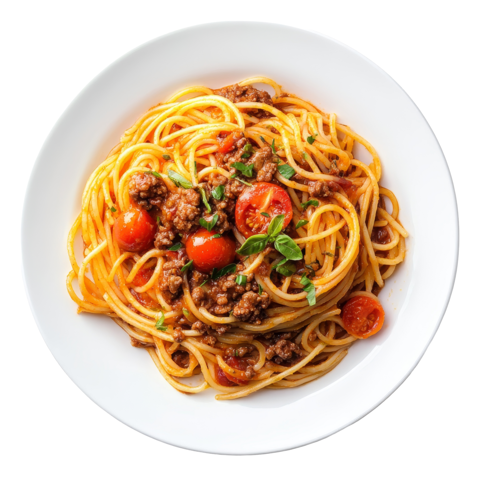 Delicious spaghetti with savory tomato beef sauce served on a transparent plate in a home kitchen setting, spaghetti pasta with tomato beef sauce on transparent background png