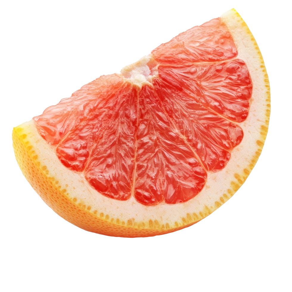 Freshly sliced pink grapefruit section showcasing vibrant color and juicy texture, Ripe slice of pink grapefruit citrus fruit isolated on transparent background png