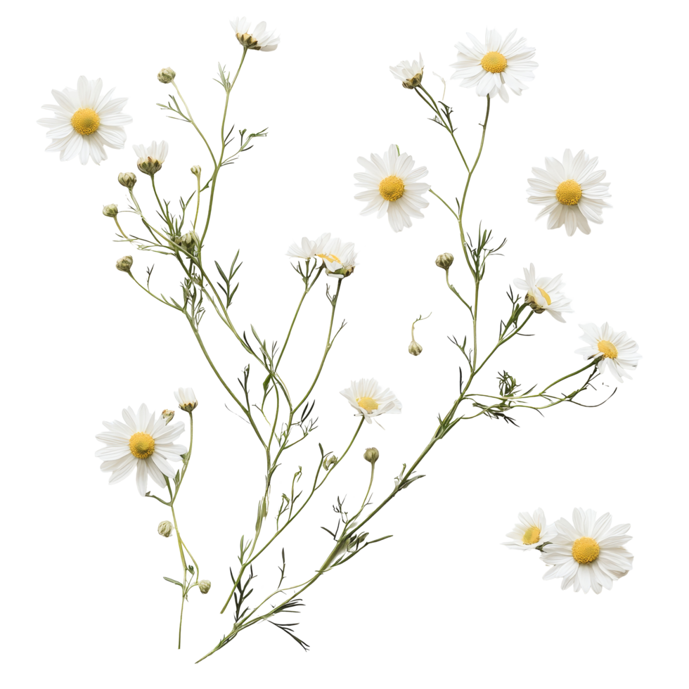 Delicate chamomile blooms displayed artistically on a clean transparent surface, Delicate chamomile blooms isolated on a clean transparent background, perfect for s ands png