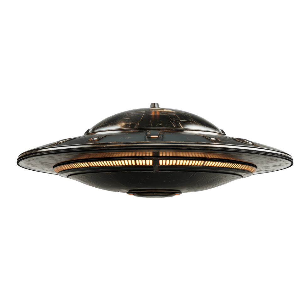 A UFO hovers silently against a stark transparent background, highlighting its unique shape and features, UFO on transparent background png