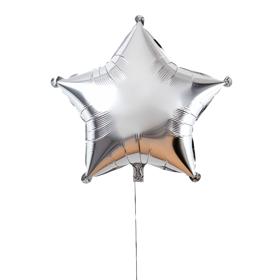 Simple silver star helium balloon floating against a transparent background, perfect for celebrations or events, Silver Star Helium Balloon on transparent background png