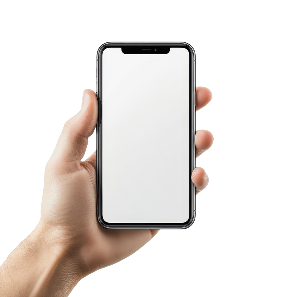 Person holding a mobile phone with a blank screen mockup in a bright setting, Hand holding mobile phone screen mockup, iphone mock up isolated on transparent background png