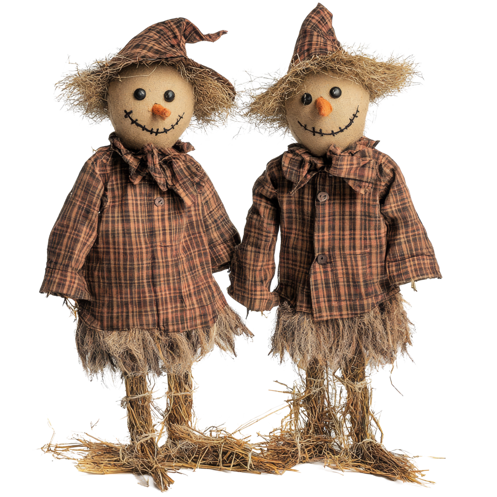 Two cheerful scarecrows in plaid and brown outfits standing together in a whimsical outdoor setting at harvest time, Two Scarecrows in Plaid and Brown Outfits, Isolated on transparent background png