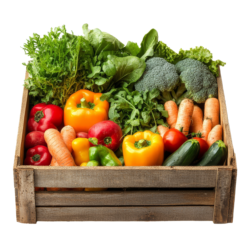Fresh assorted vegetables in a rustic wooden box displayed on a clean transparent background, vegetables in a wooden box isolated on transparent background png