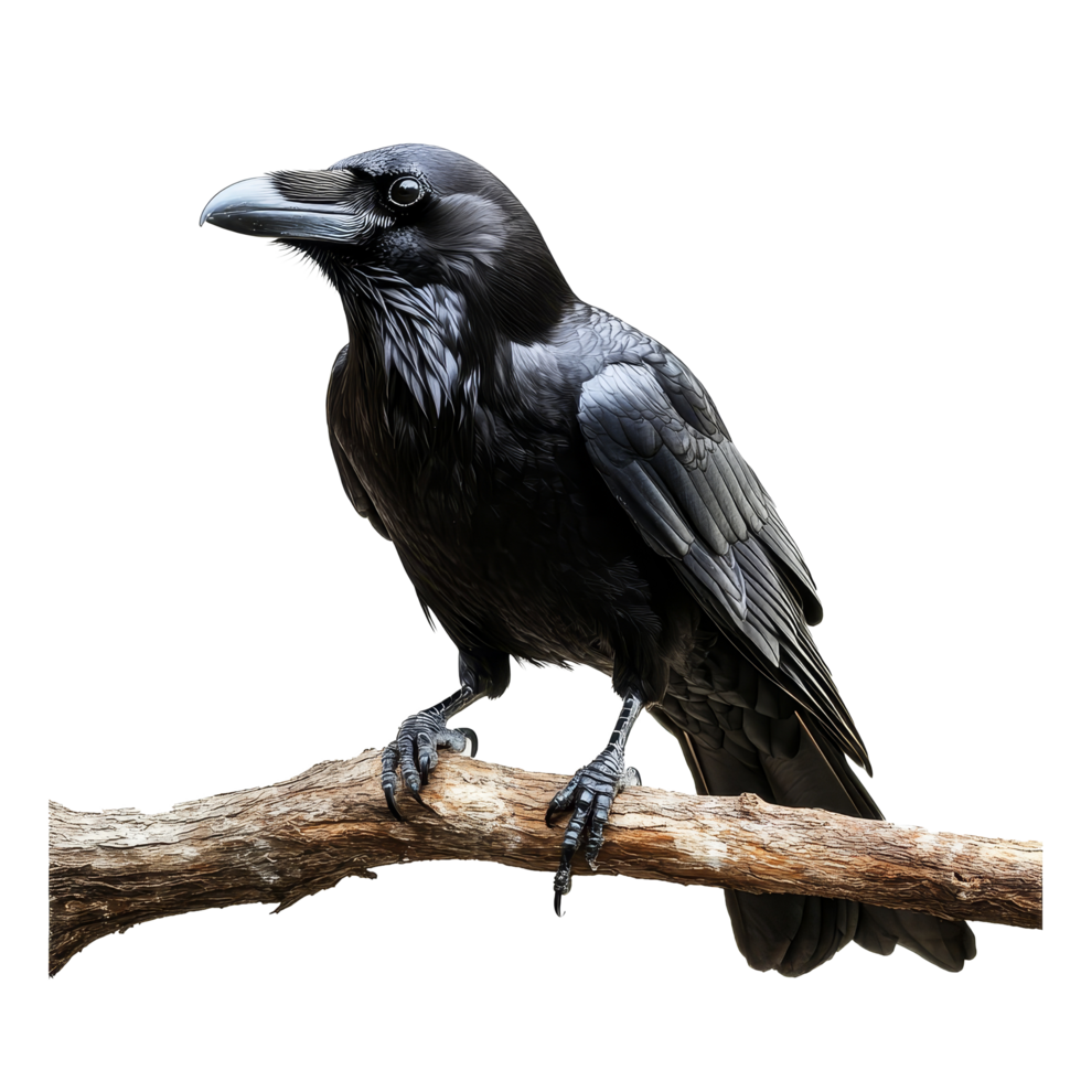 A raven perched on a branch against a transparent background, showcasing its sleek feathers and sharp beak, raven sitting on a branch, file of isolated object on transparent background png