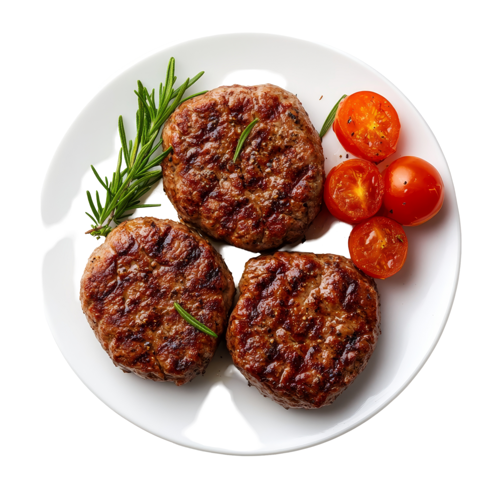 Delicious beef cutlet dish served on a transparent plate with fresh tomatoes and rosemary garnish, beef cutlet dish isolated on transparent background png
